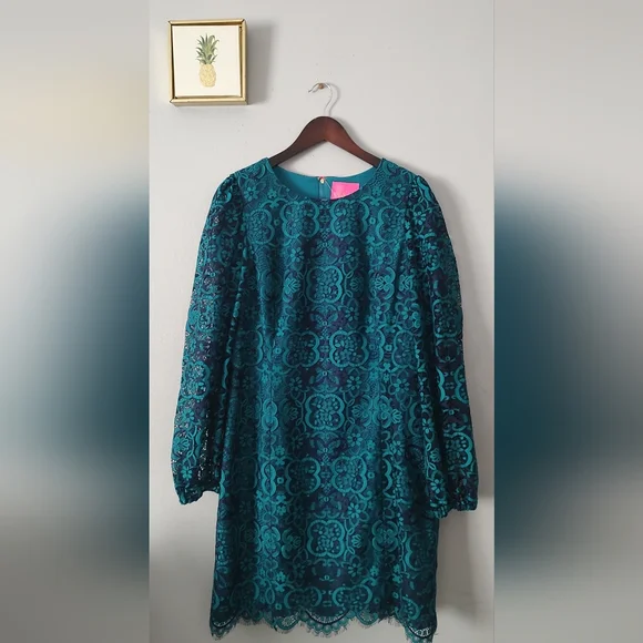 Lilly Pulitzer Women dress size 16 Lace  Color Valencia Teal Zipper Long Sleeve - Picture 12 of 15